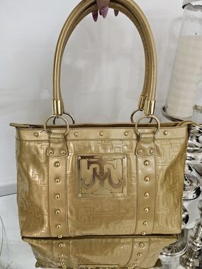 Miss Tina Metallic Gold Tote Bag with Logo Plaque
